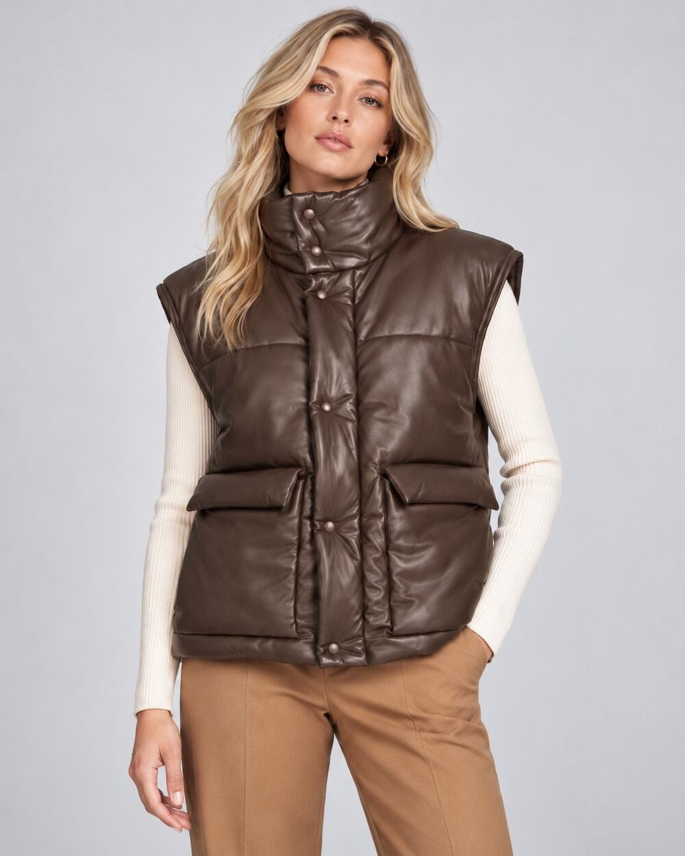 Nanushka Jovan Dark Brown OKOBOR Faux Leather Puffer Vest NWT M